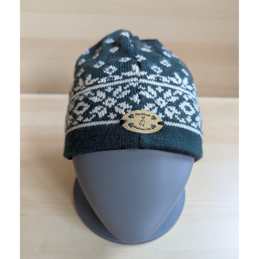 Northland Woolens Green Fair Isle Wool Beanie Hat Fleece Lined USA Tassel